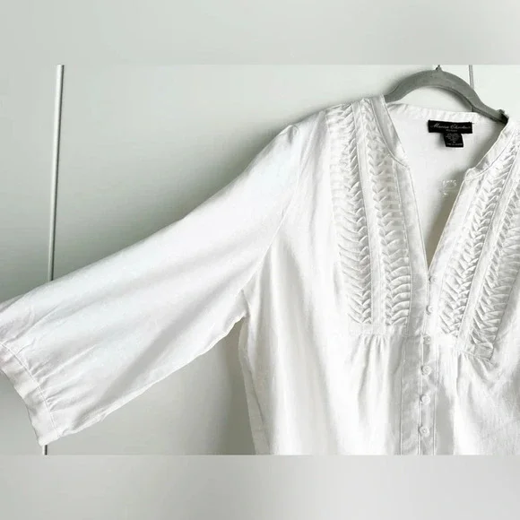 White Linen Blouse Pin Tuck Button Front 3/4 Sleeve Size 1X Marisa Christina - Picture 5 of 8